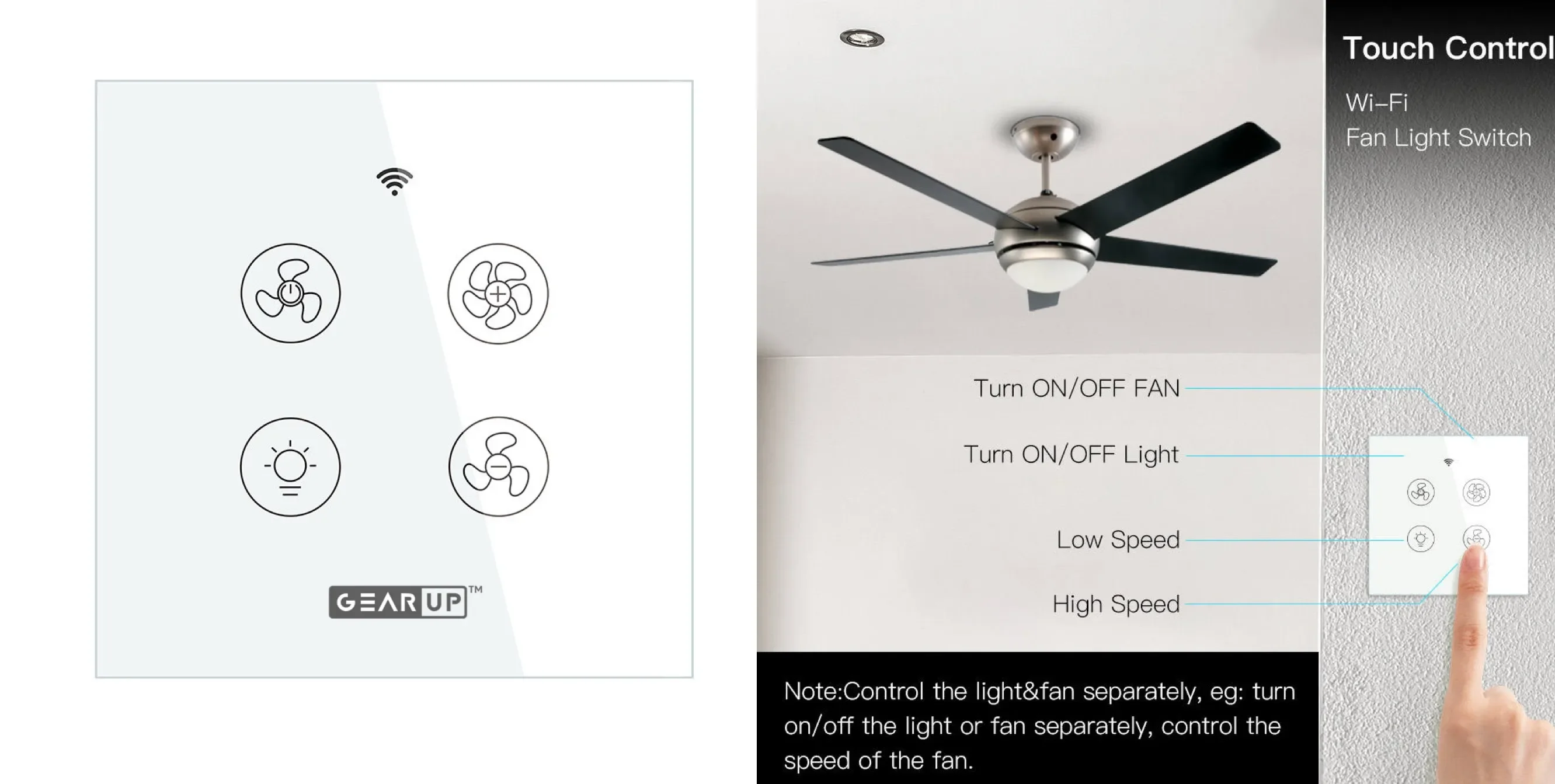 GearUP Wifi Ceiling Fan Speed Controller + Light Switch Works with TUYA ...