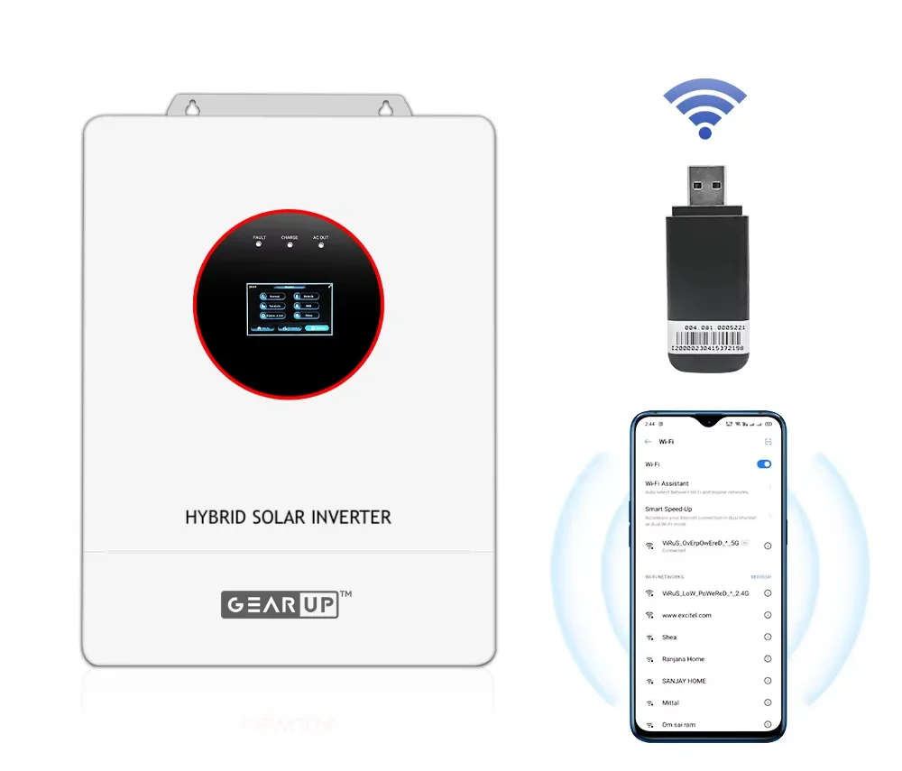 GearUP 2KW Hybrid Solar Inverter with 100A MPPT, 3000W PV, 12V Battery Pure Sine Wave High Frequency Inverter with WiFi Dongle