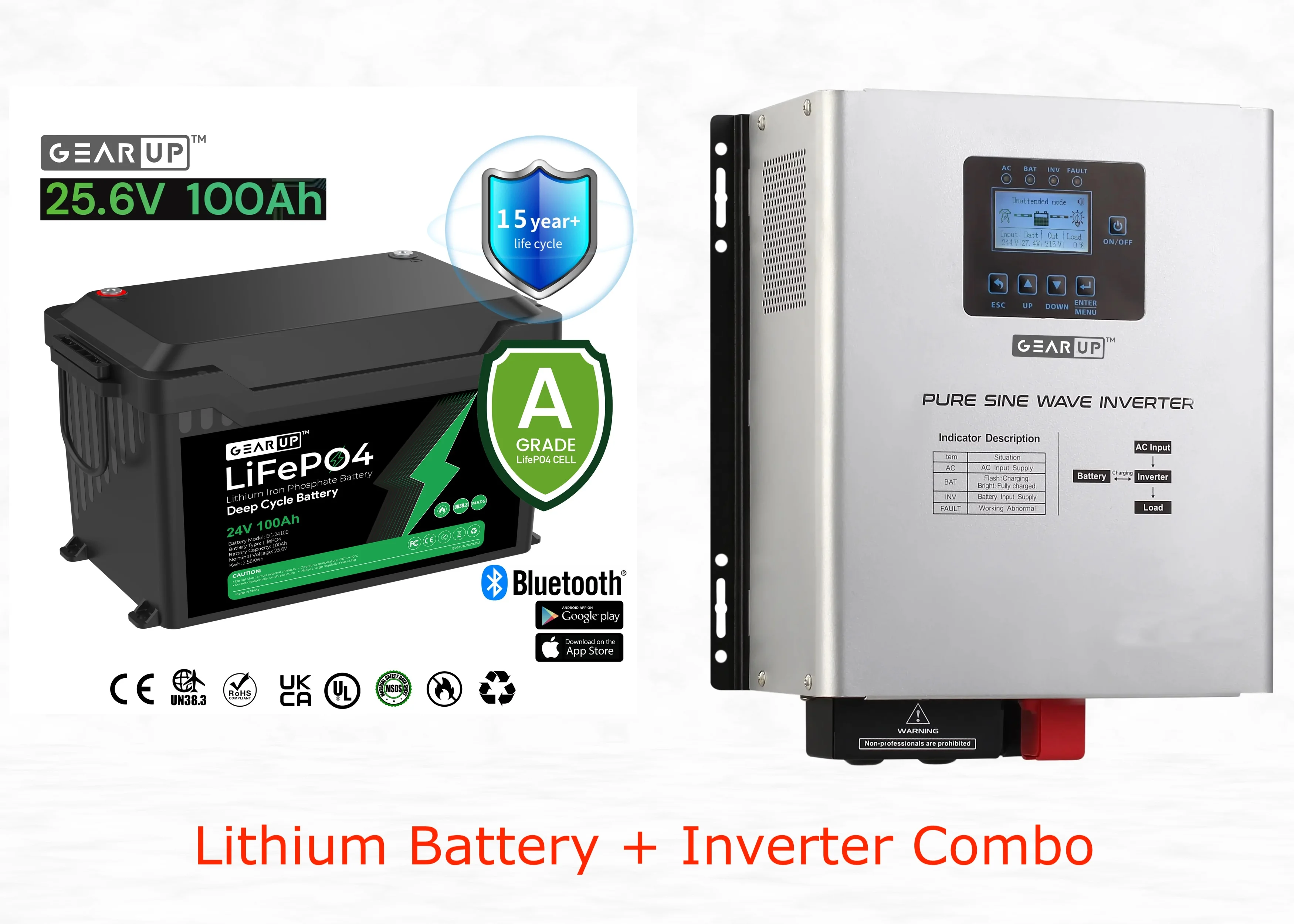 GearUP 24V, 100Ah Lithium Battery + 1200W Pure Sine Wave Inverter