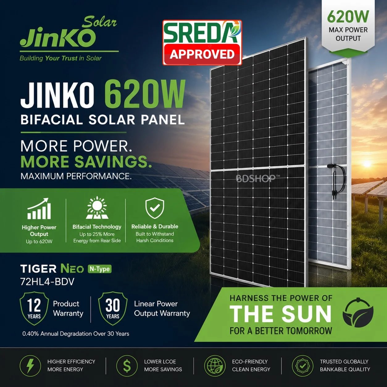 Jinko 620W Tiger Neo N-Type Solar Panel Bifacial Solar Panel - 620W এর ২ টি প্যানেল