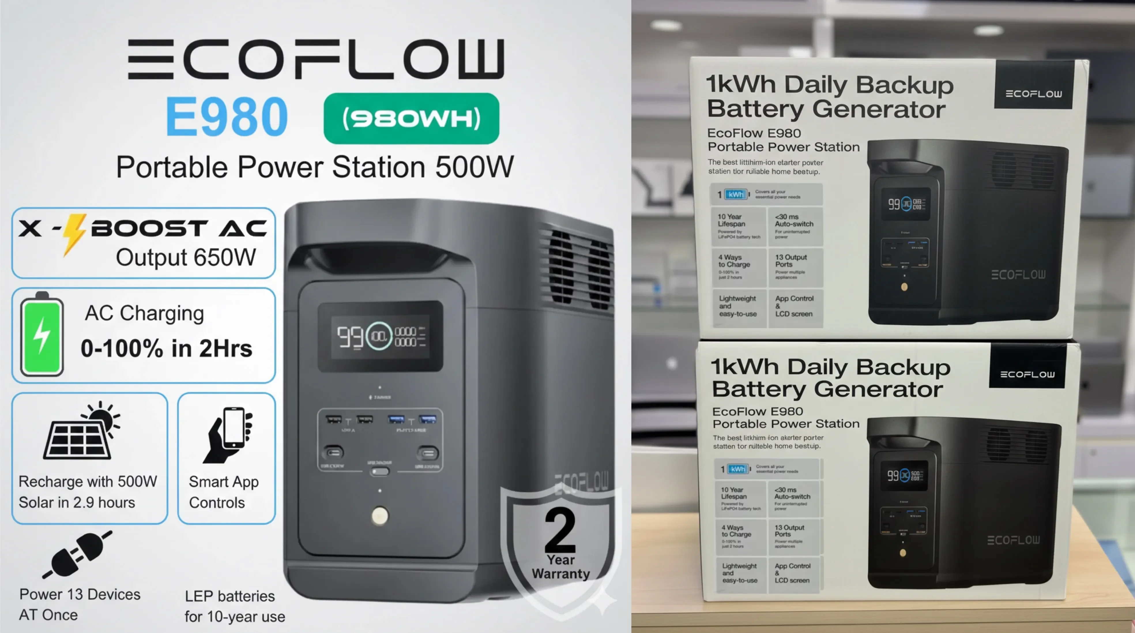 EcoFlow E980 Portable Power Station 500W, 980Wh (AC + Solar IPS ...