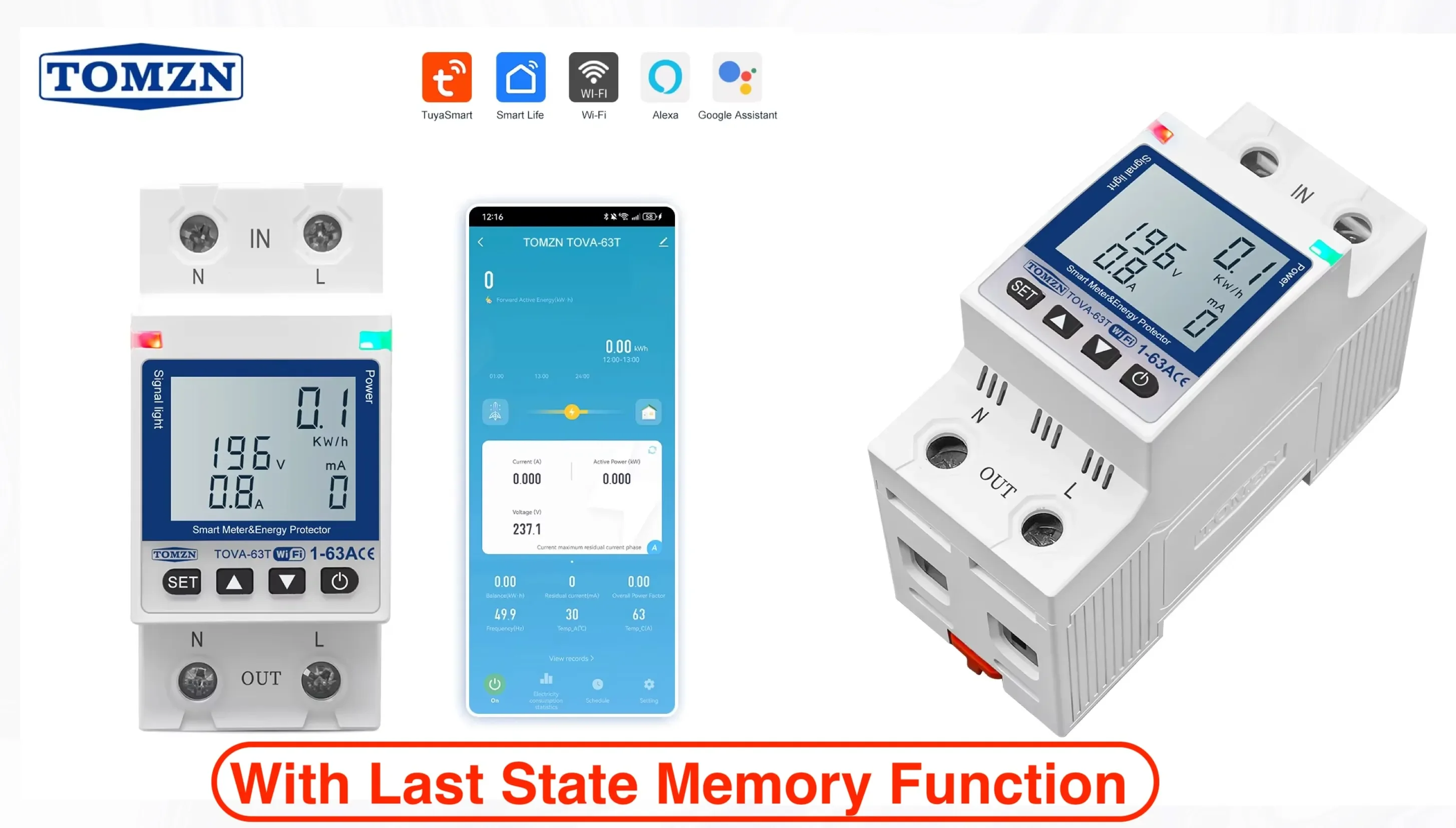 TOMZN TOVA-63T WIFI Circuit Breaker 63A Energy Meter, Timer, Voltage, Current Leakage Protection - Smartlife, TUYA App Support (White Display)