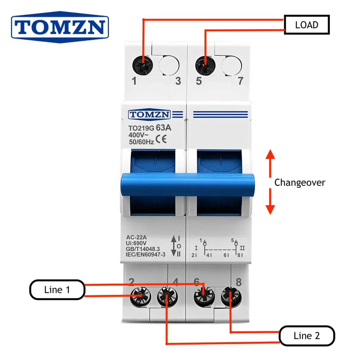 Dual Power Changeover 63A, 400V AC Manual Transfer Switch (MTS) TOMZN TO219G