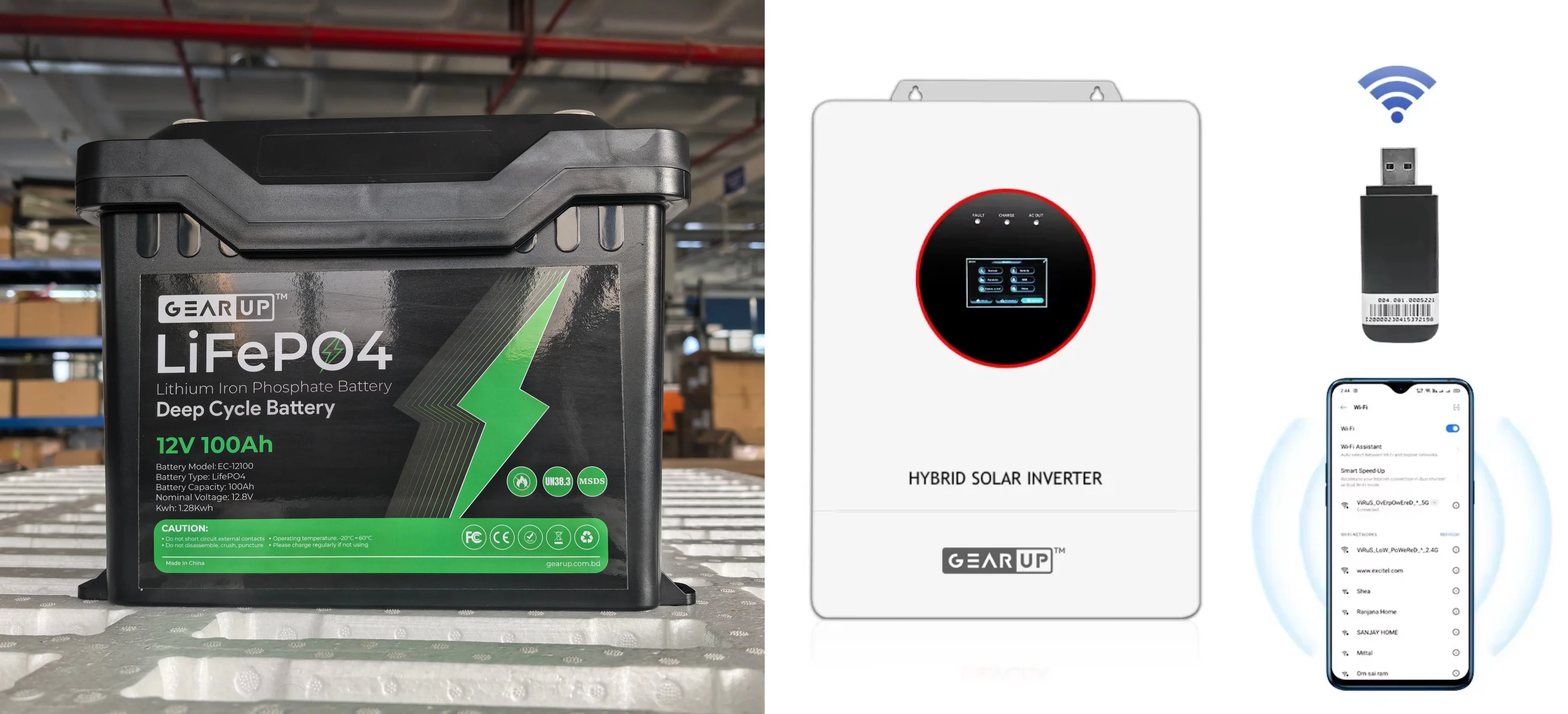 GearUP 2KW Hybrid Inverter Support Solar Panel Up to 3000W (Without WiFi Dongle) + GearUP 12V, 100Ah LifePO4 Battery Combo