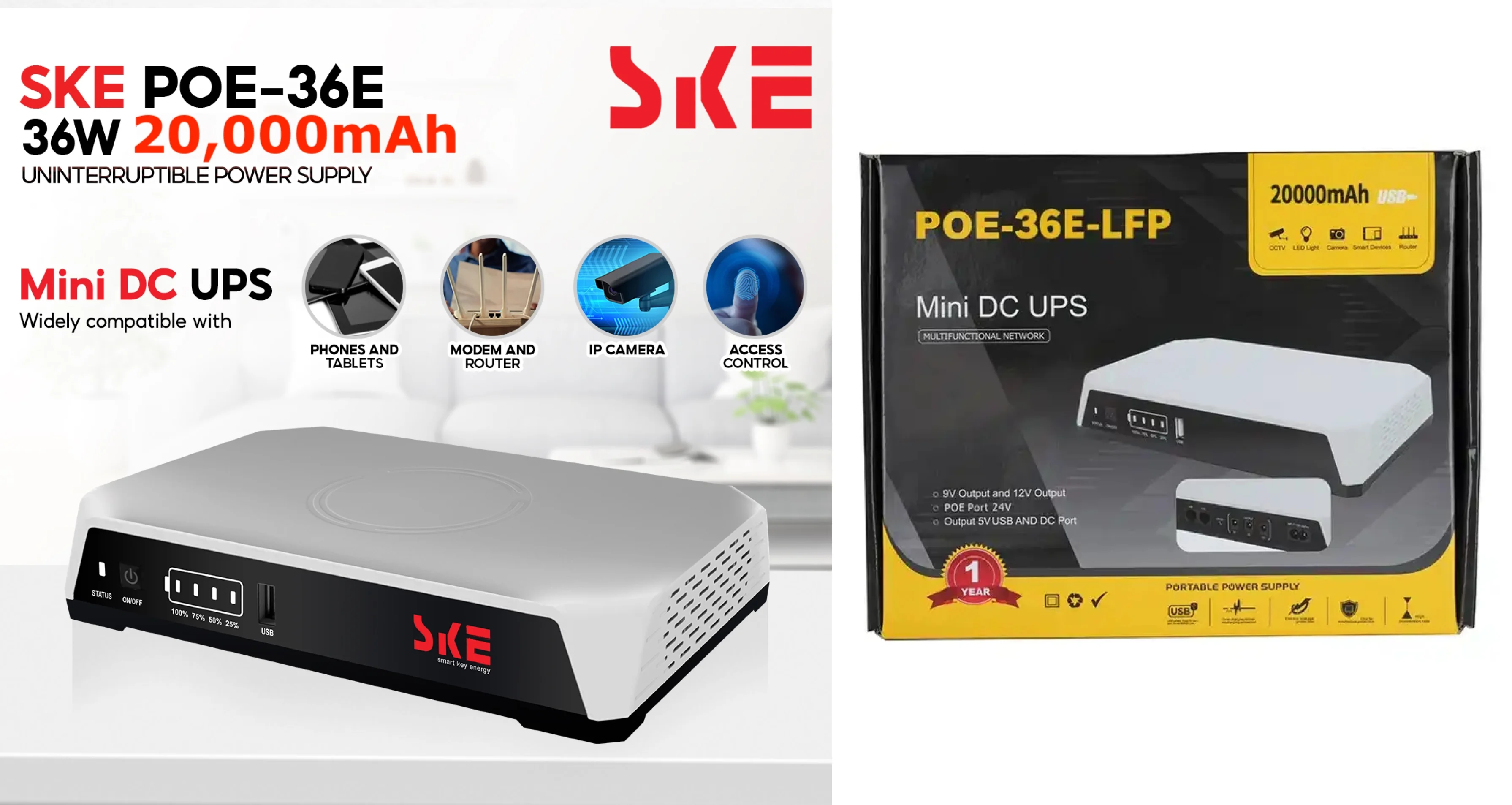 20,000mAh mini UPS with LifePO4 - 36 Watt 5V, 9V, 12V, 3A (SKE POE-36E-LFP)
