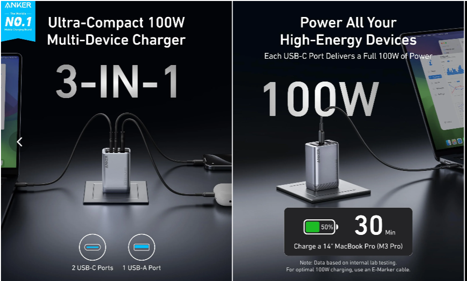 Anker Prime Charger (100W, 3 Ports, GaN)