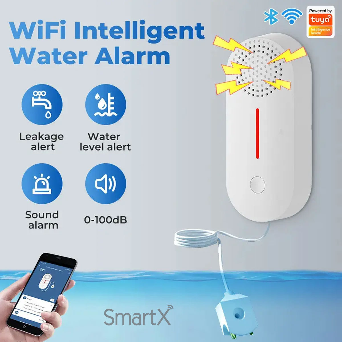 Tuya WiFi Water Leakage Detector with 100 dB Siren Sound Alarm – Water Sensor with Alarm